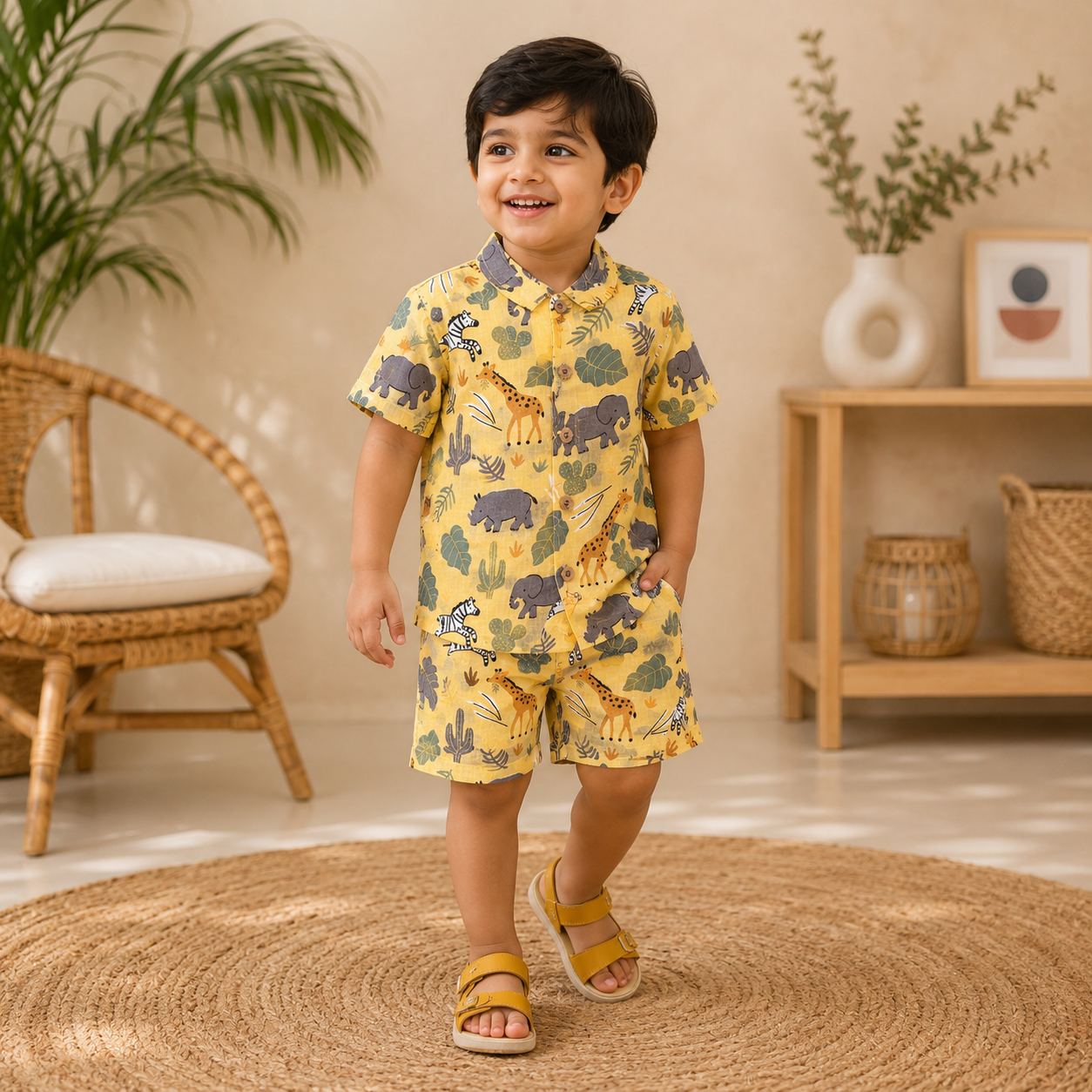 Boon Babies boys safari jungle print co-ord set with Chinese collar, featuring a printed shirt and matching shorts.