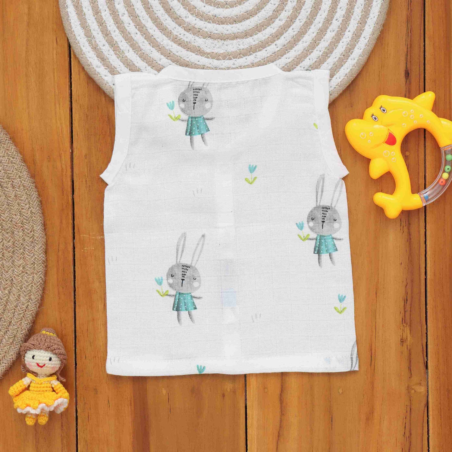 Bunny Printed White Muslin Jabla for Babies - Adorable Baby Dress