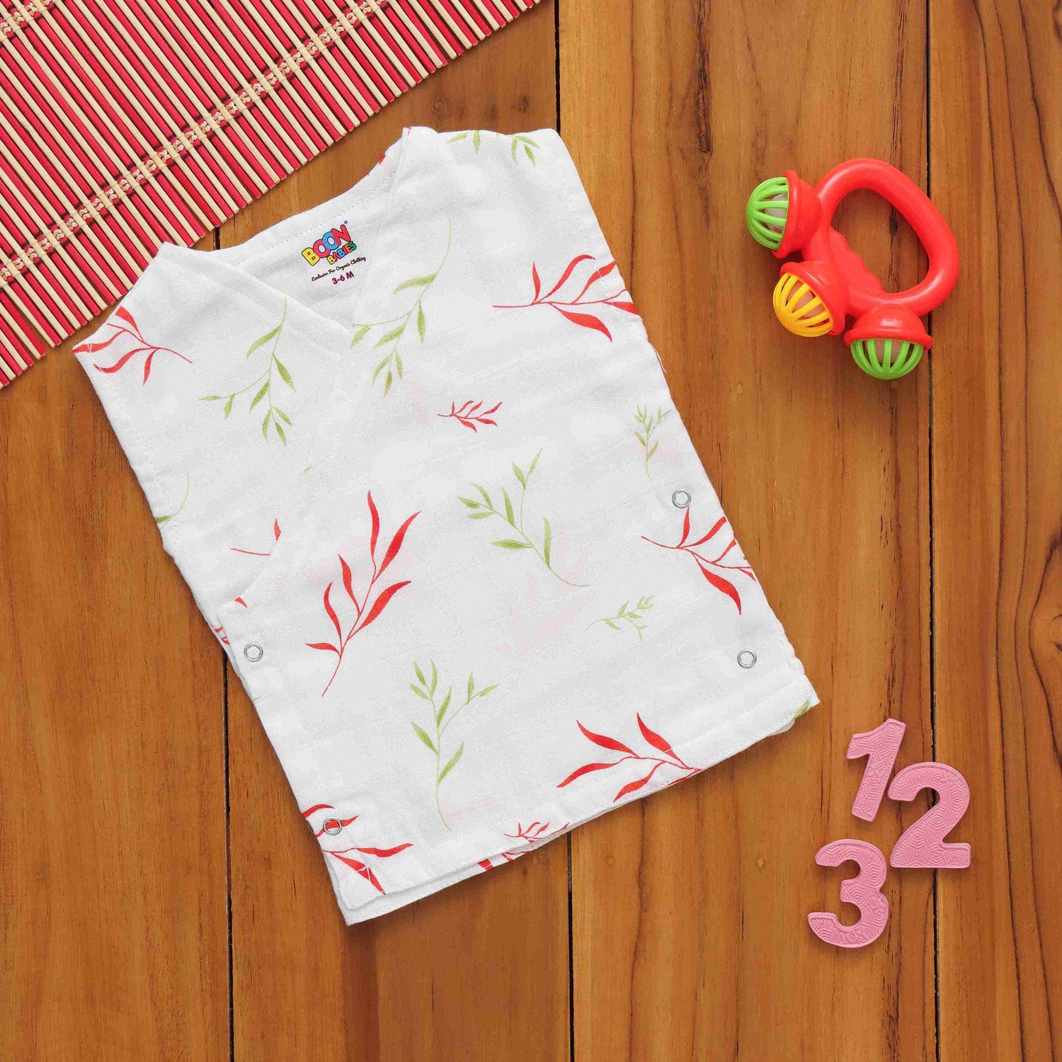 Delightful Leaf Printed White Muslin Jabla for Babies - Cute Baby Attire