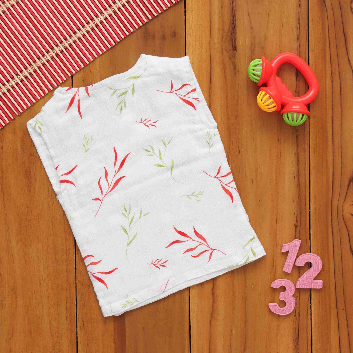 Delightful Leaf Printed White Muslin Jabla for Babies - Cute Baby Attire