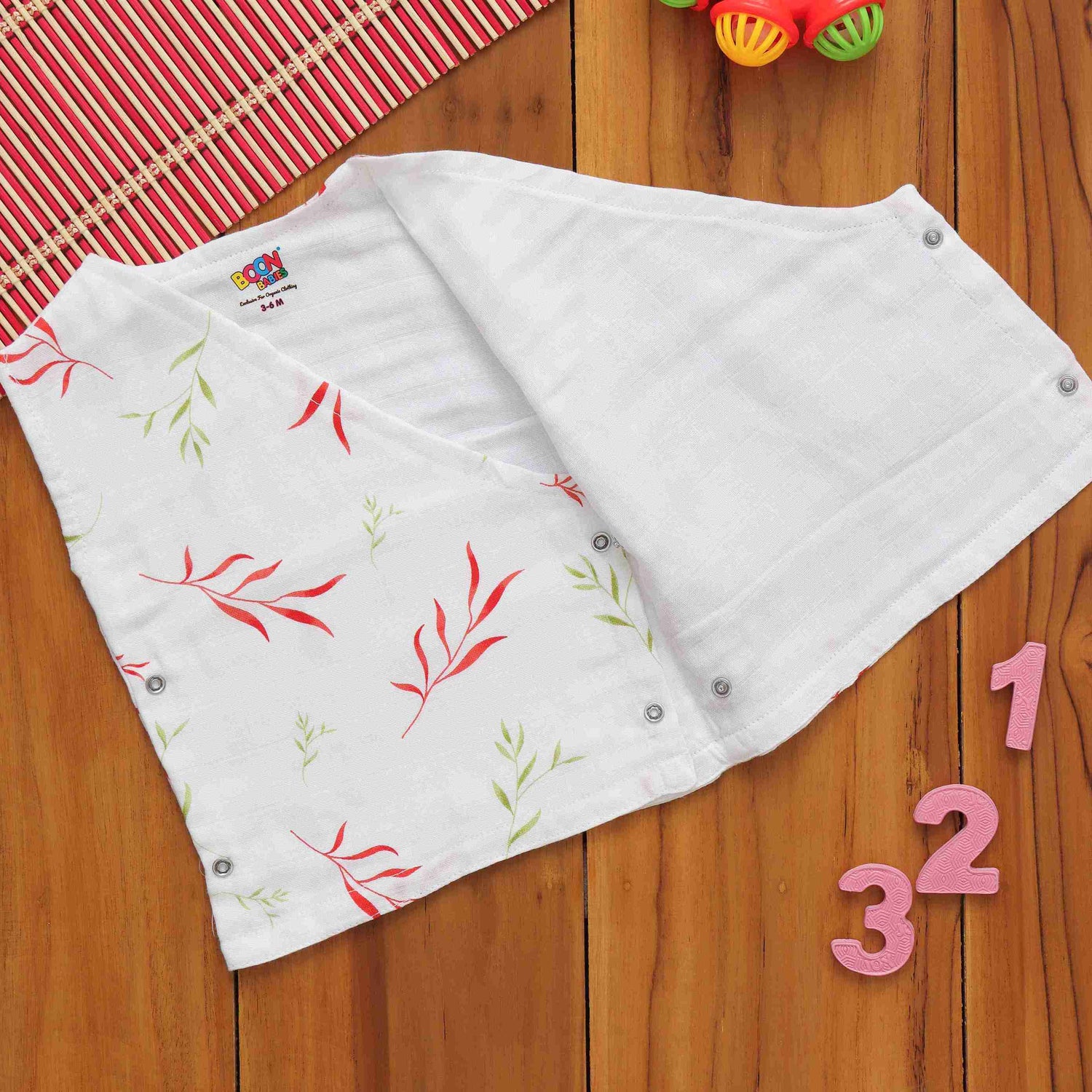 Delightful Leaf Printed White Muslin Jabla for Babies - Cute Baby Attire