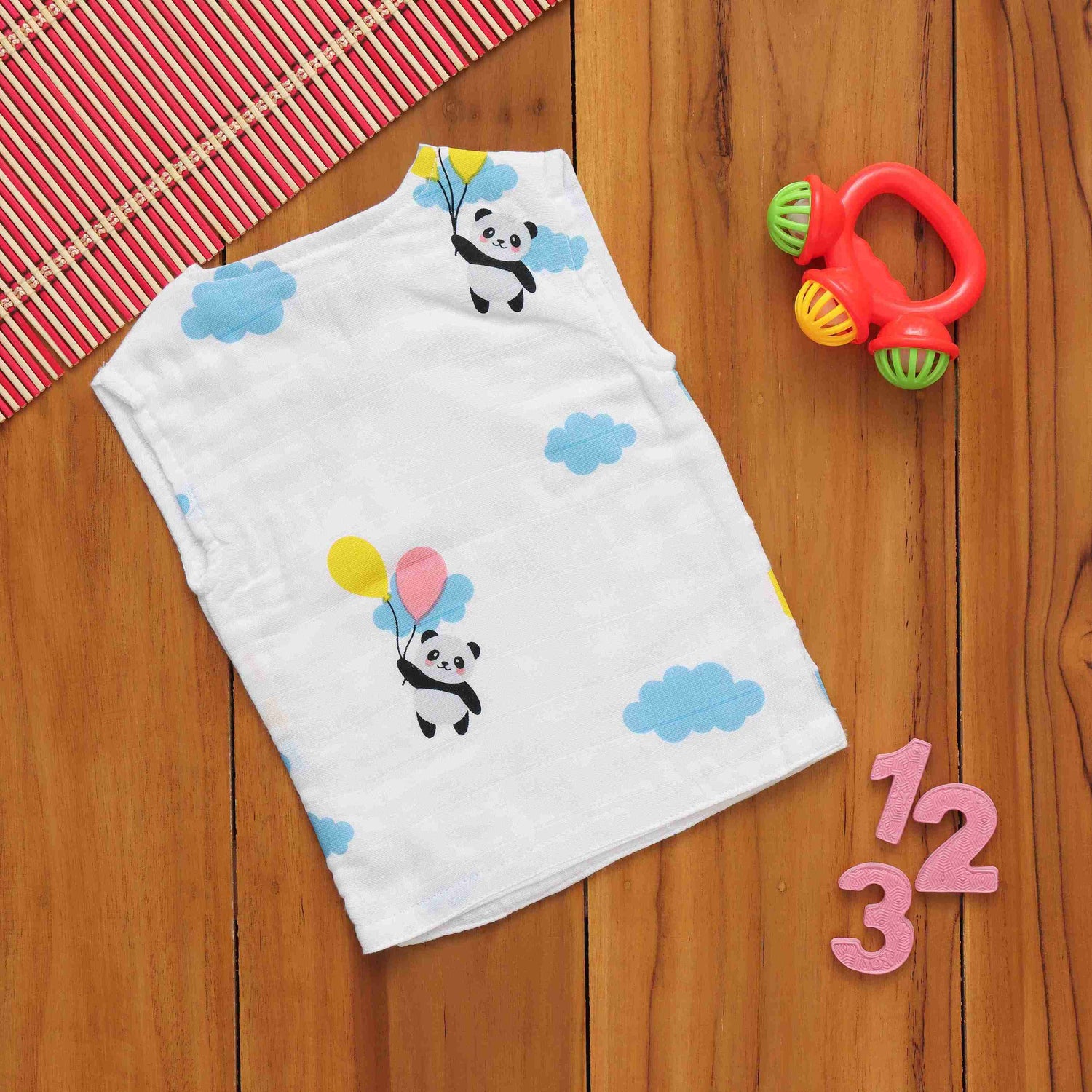 Cute Panda Printed White Muslin Jabla for Babies - Playful Panda