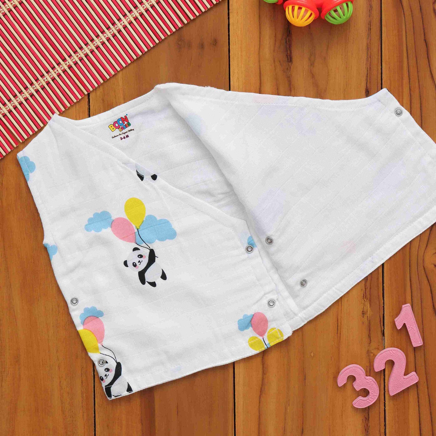 Cute Panda Printed White Muslin Jabla for Babies - Playful Panda