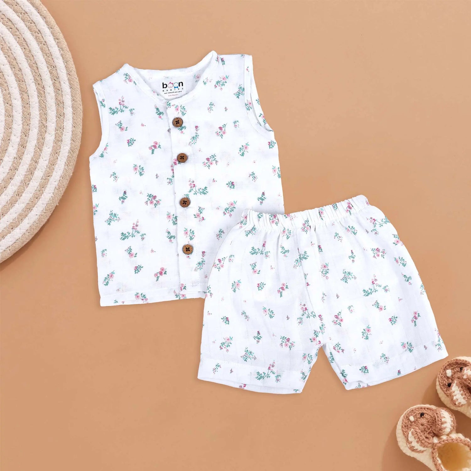 White Floral Muslin Baby Jabla + Shorts Set Soft & Breathable Boon Babies