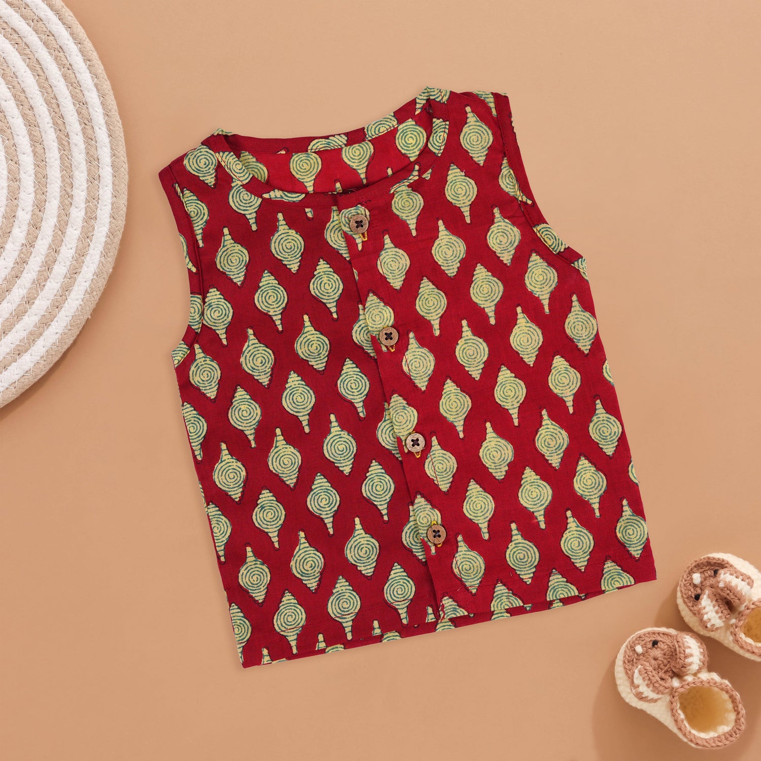 Festive Red Block Printed Jabla - Regal Look for Little Ones