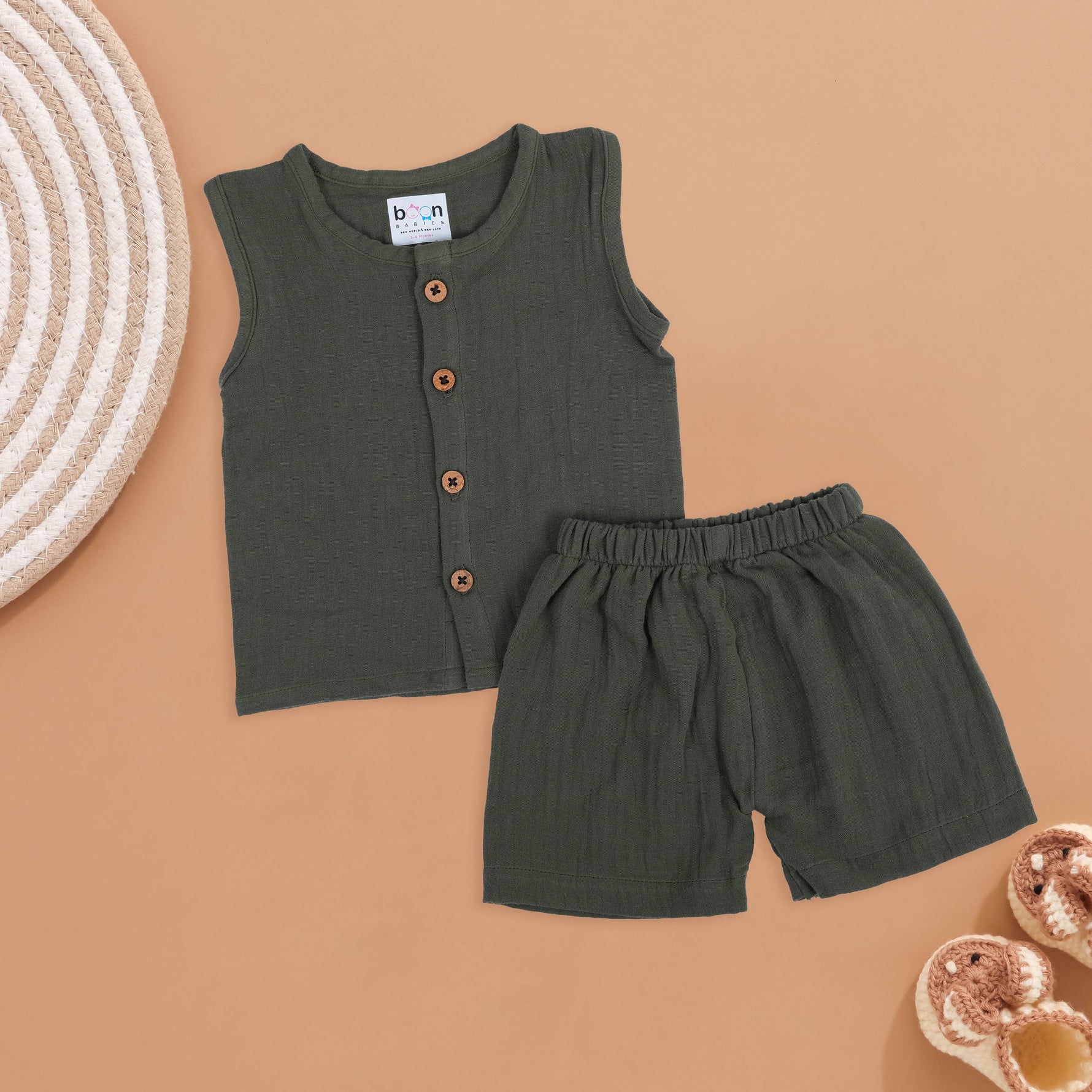 Earthy Green Muslin Jabla and Shorts Set – Natural Comfort for Babies Boon Babies