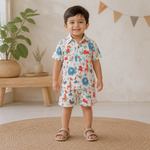 Pink Jaipur Cotton jungle animal print shirt and matching shorts for kids, featuring a straight collar from Boon Babies.