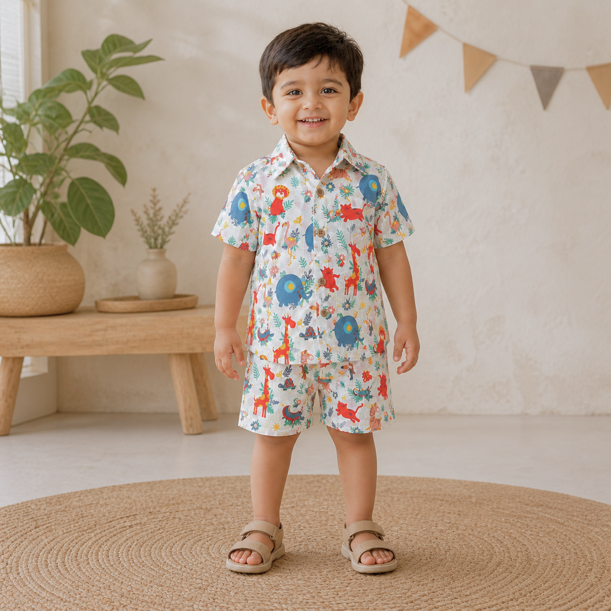 Pink Jaipur Cotton jungle animal print shirt and matching shorts for kids, featuring a straight collar from Boon Babies.