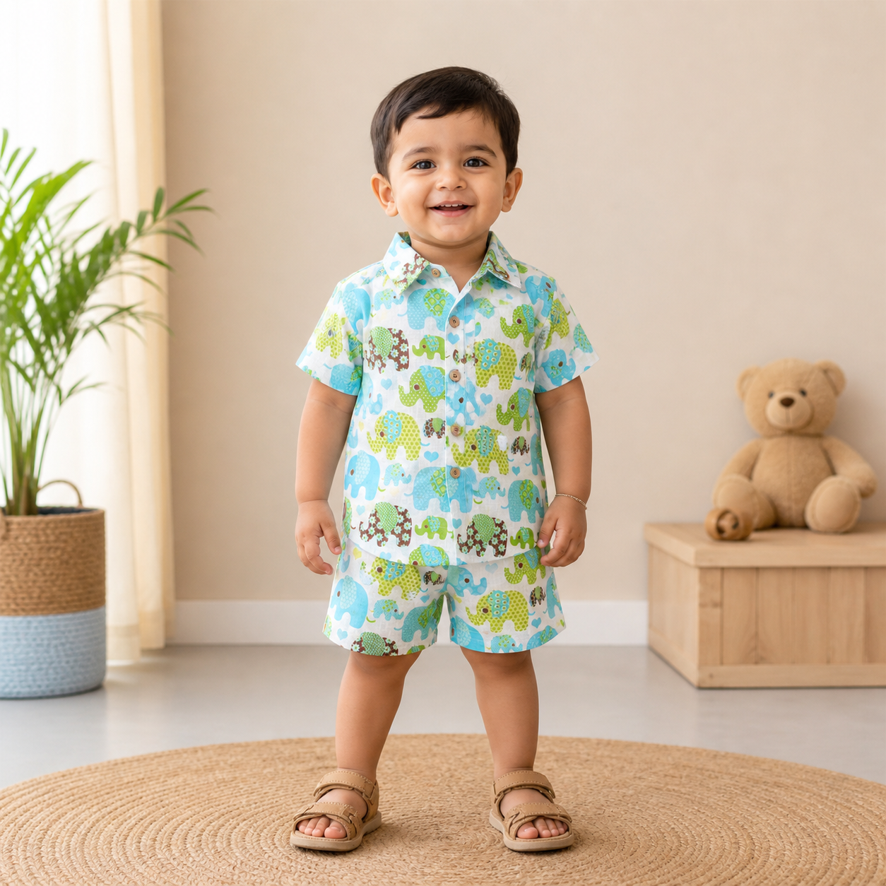 Pink and white Jaipur cotton elephant print shirt and shorts set for kids, featuring a straight collar and summer-ready design.