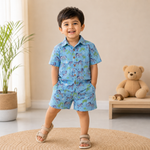 Pink and white Jaipur Cotton zebra print shirt and matching shorts for summer, featuring a straight collar, by Boon Babies.