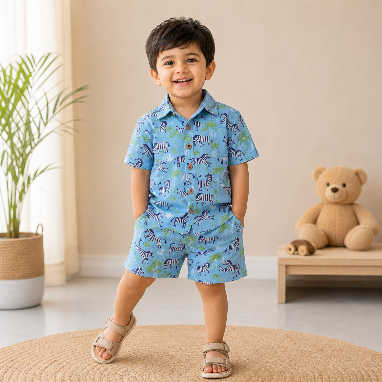Pink and white Jaipur Cotton zebra print shirt and matching shorts for summer, featuring a straight collar, by Boon Babies.
