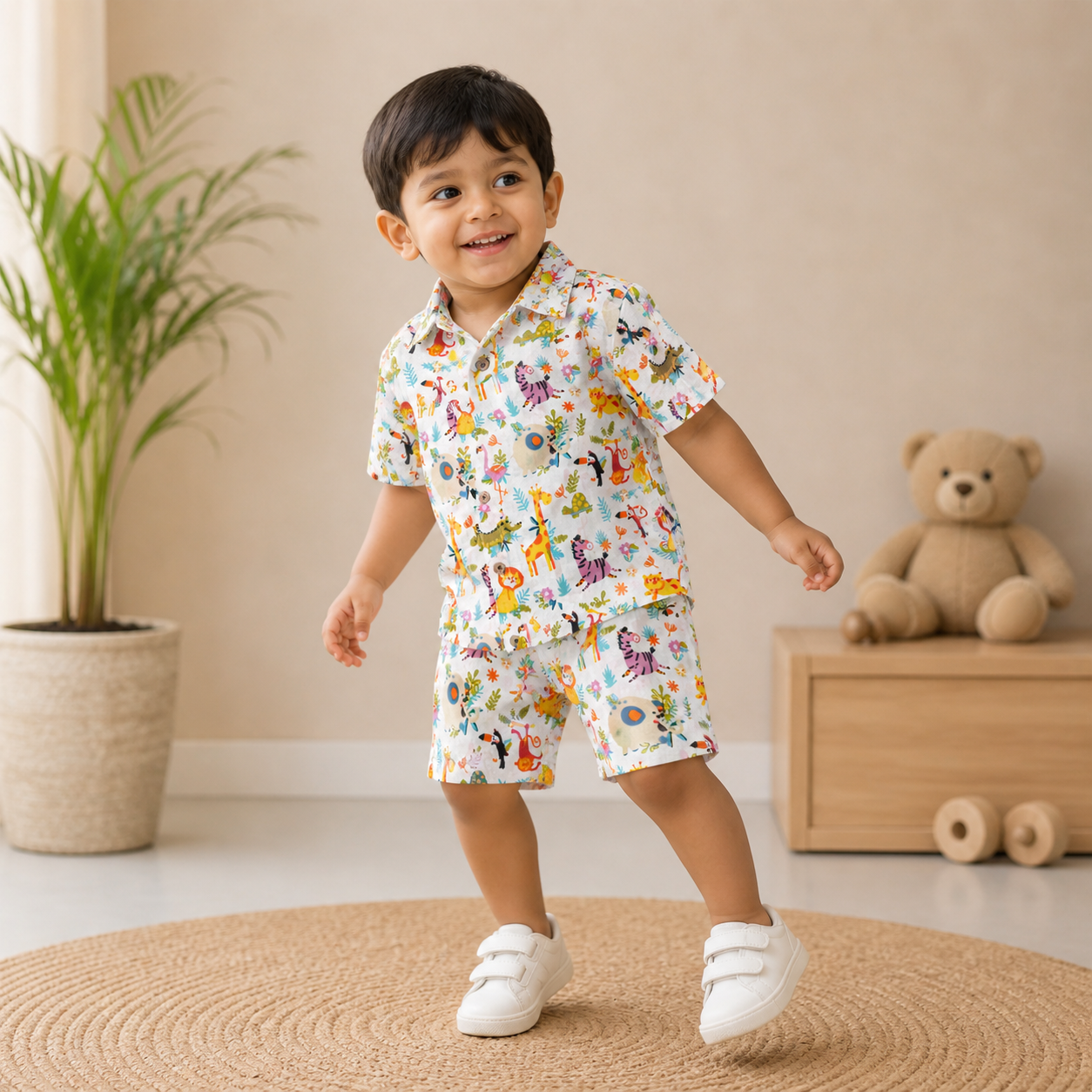 Baby wearing Jaipur Cotton multi-animal print shirt and matching shorts from Boon Babies, featuring a straight collar for summer wear.