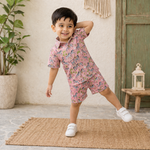 Pink Jaipur cotton zebra print shirt and shorts set for kids by Boon Babies, featuring a straight collar and summer style.