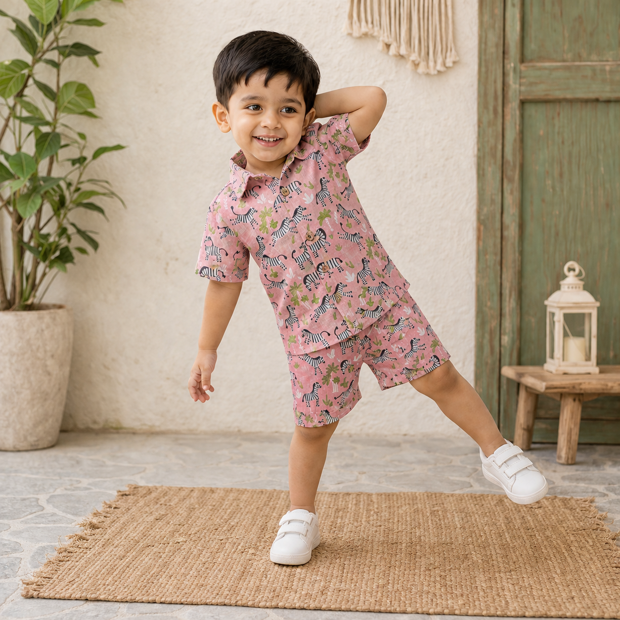 Pink Jaipur cotton zebra print shirt and shorts set for kids by Boon Babies, featuring a straight collar and summer style.