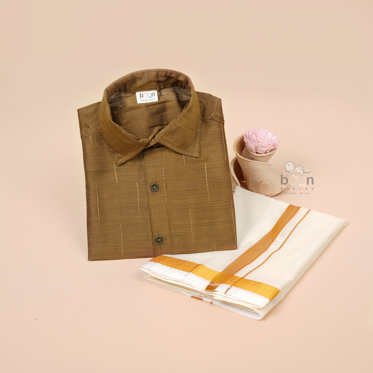 Coffee Brown Silk Boys Ethnic Shirt & Dhoti Set – Rich Traditional Charm