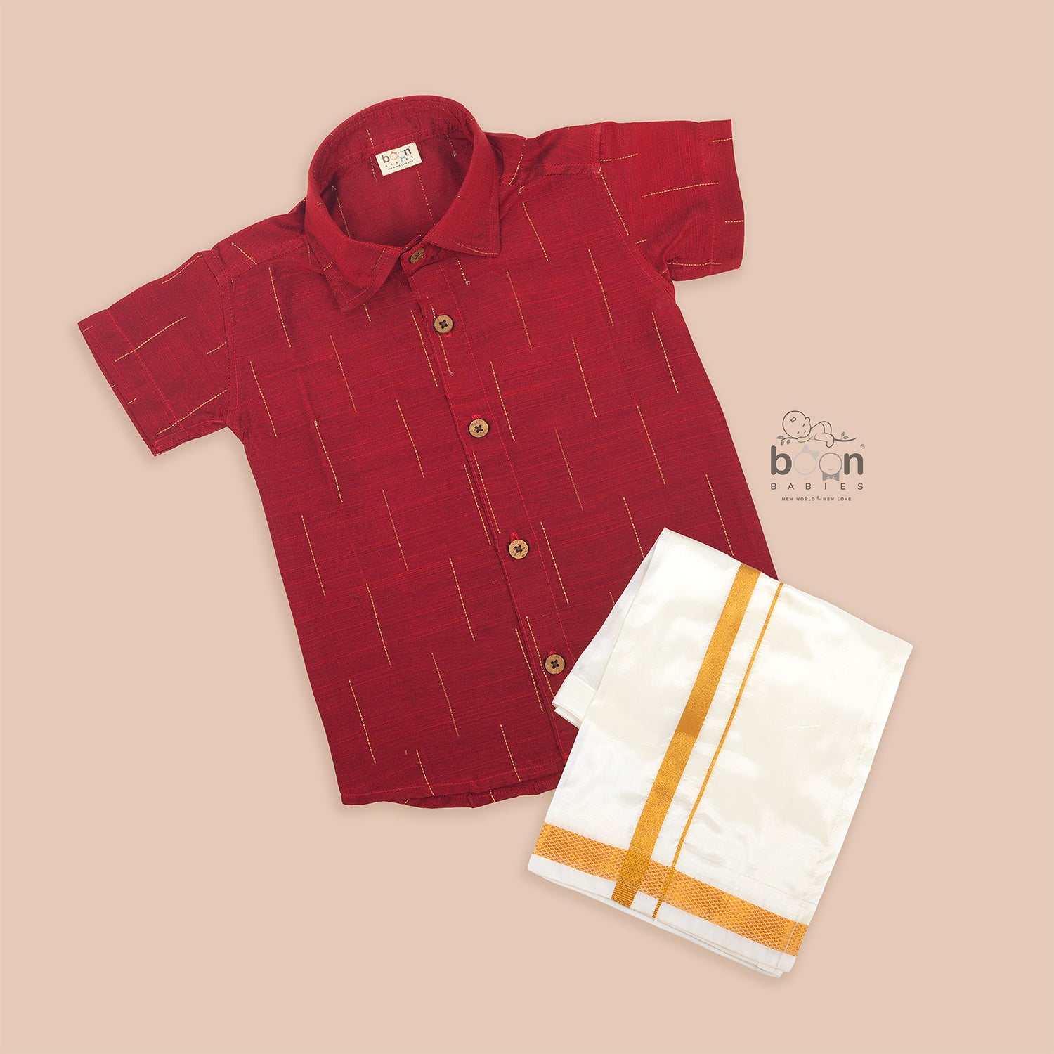 Brick Red Silk Boys Ethnic Shirt & Dhoti Set – Traditional Festive Elegance
