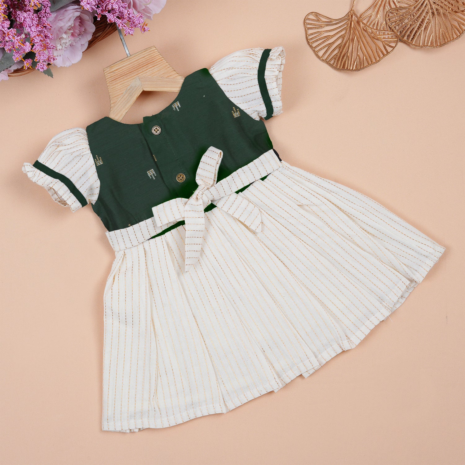 Bottle Green Silk Puff Paa Neck Frock for Baby Girls