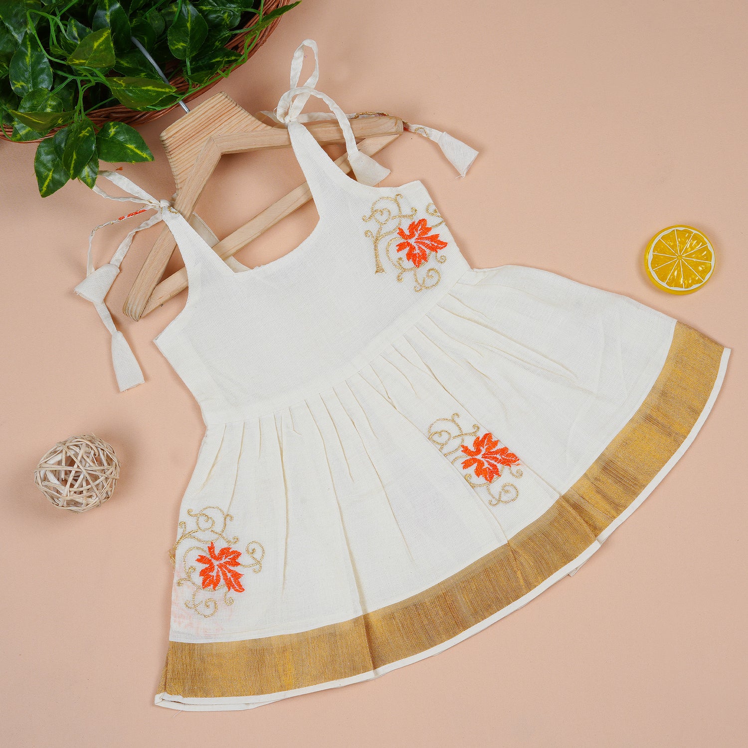 Floral Embroidered Cotton Knot Frock with Golden Zari Border