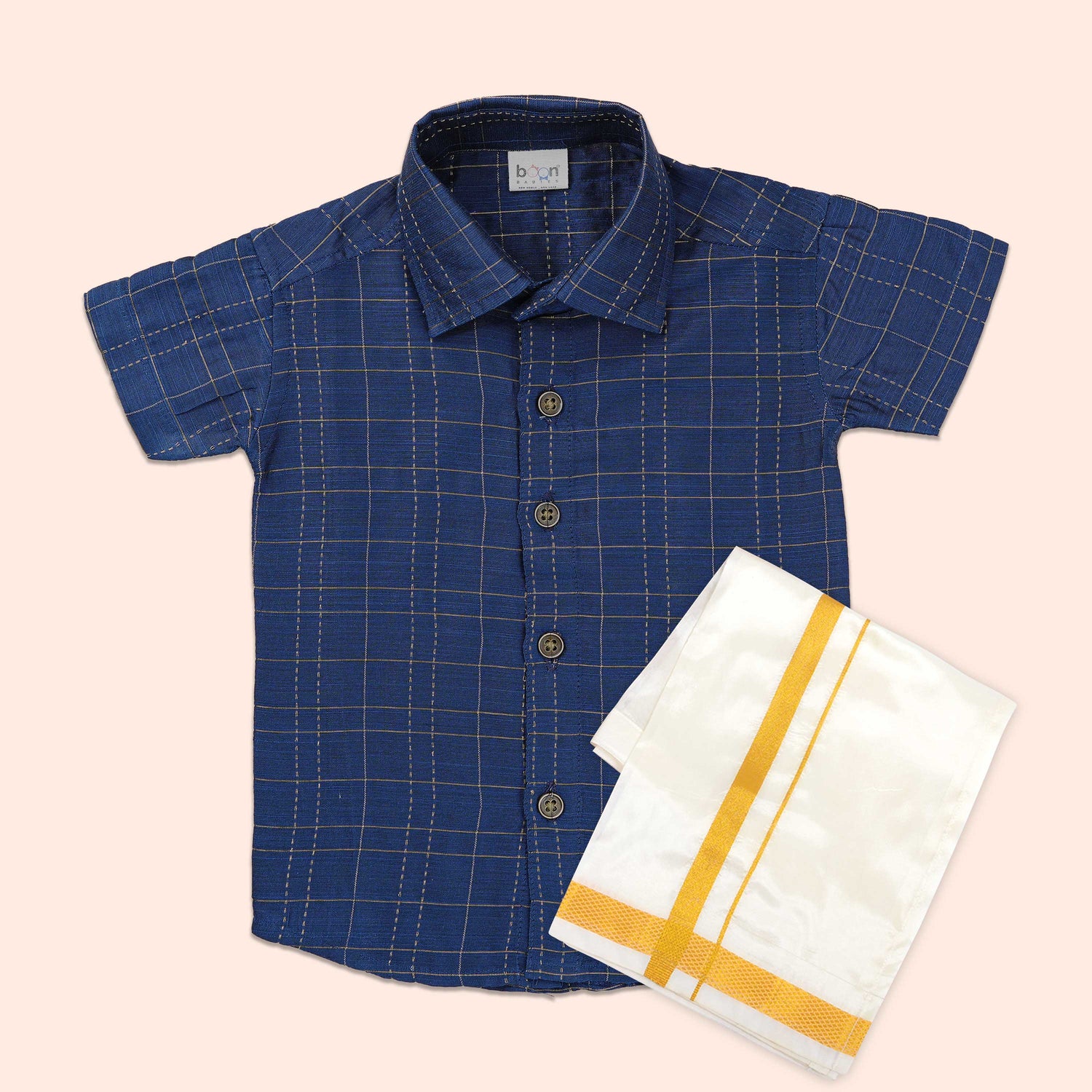 Royal Blue Silk Checkered Festive Shirt & Traditional Dhoti Set