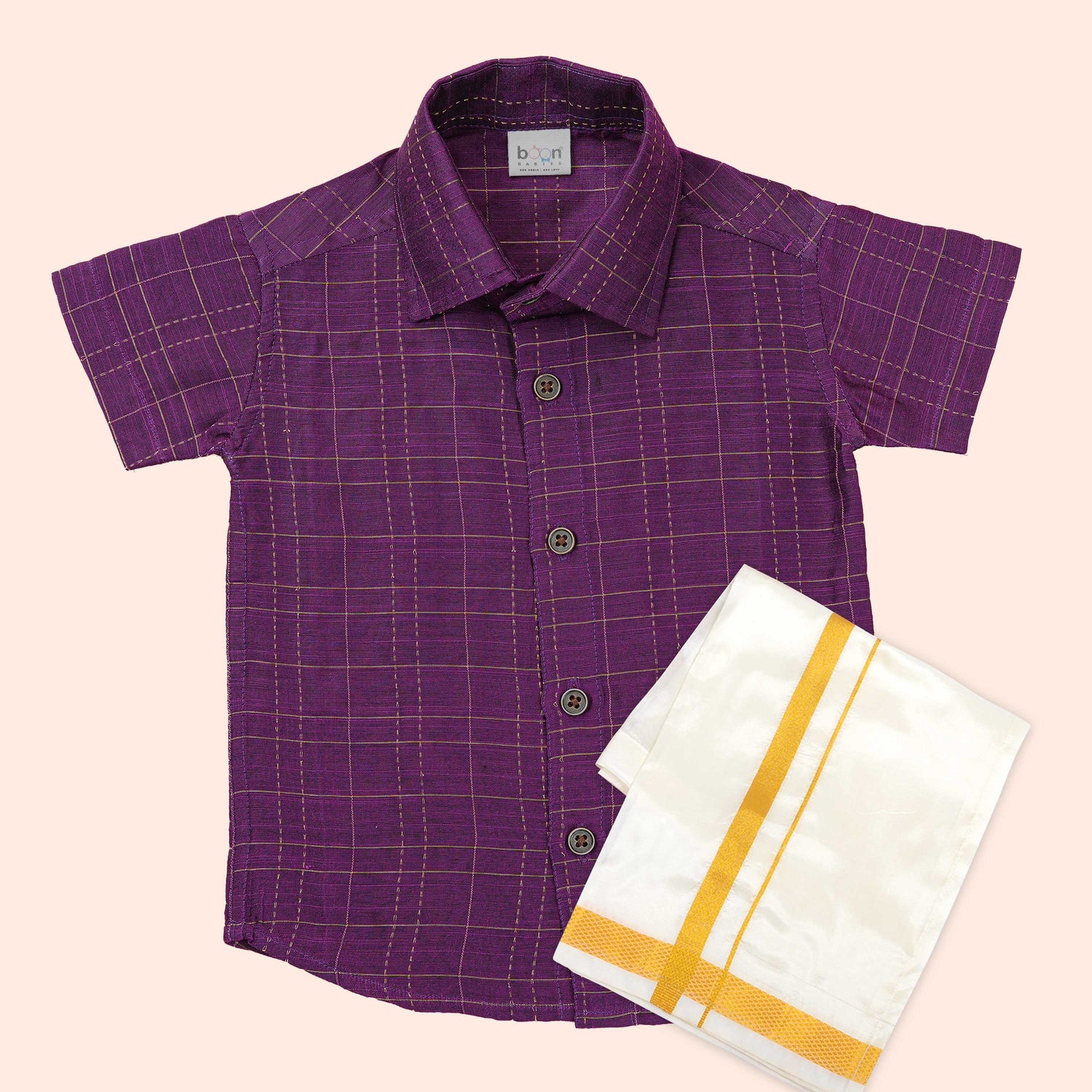 Majestic Purple Silk Festive Check Shirt & Dhoti Set for Boys