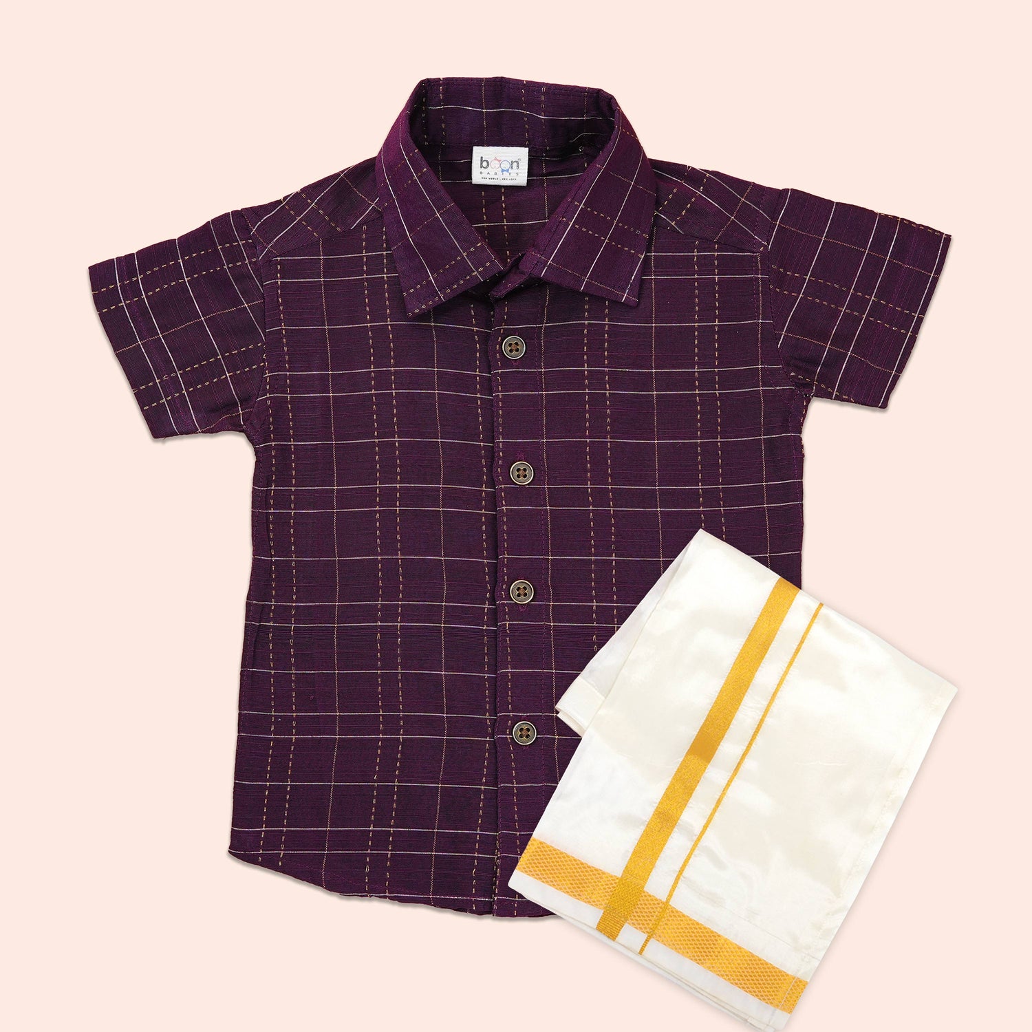 Royal Plum Silk Traditional Check Shirt & Dhoti Set for Boys