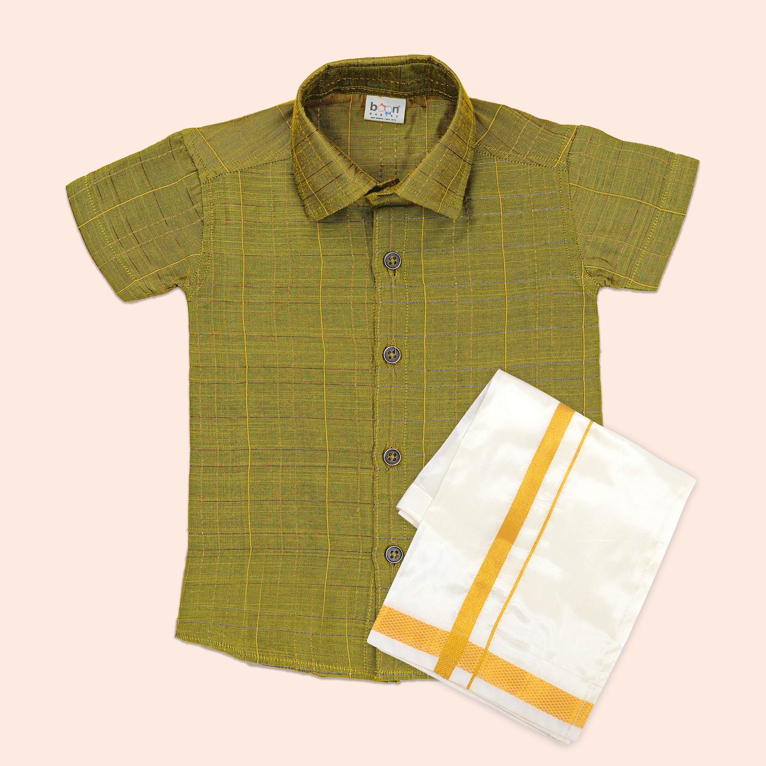 Classic Mustard Silk Festive Check Shirt & Dhoti Set for Boys