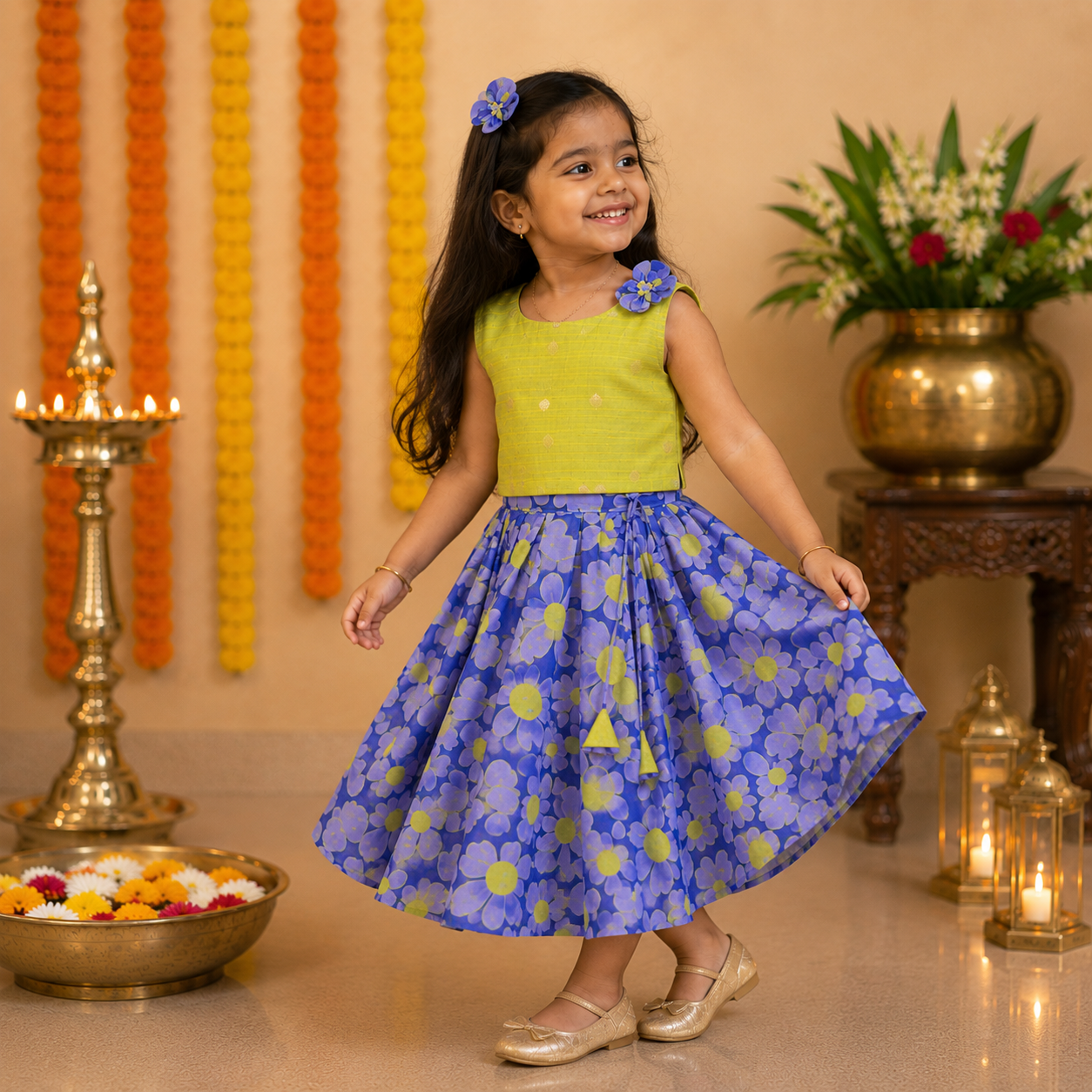 Boon Babies girls floral ethnic top and skirt set with colorful patterns, perfect for festive wear and special occasions.