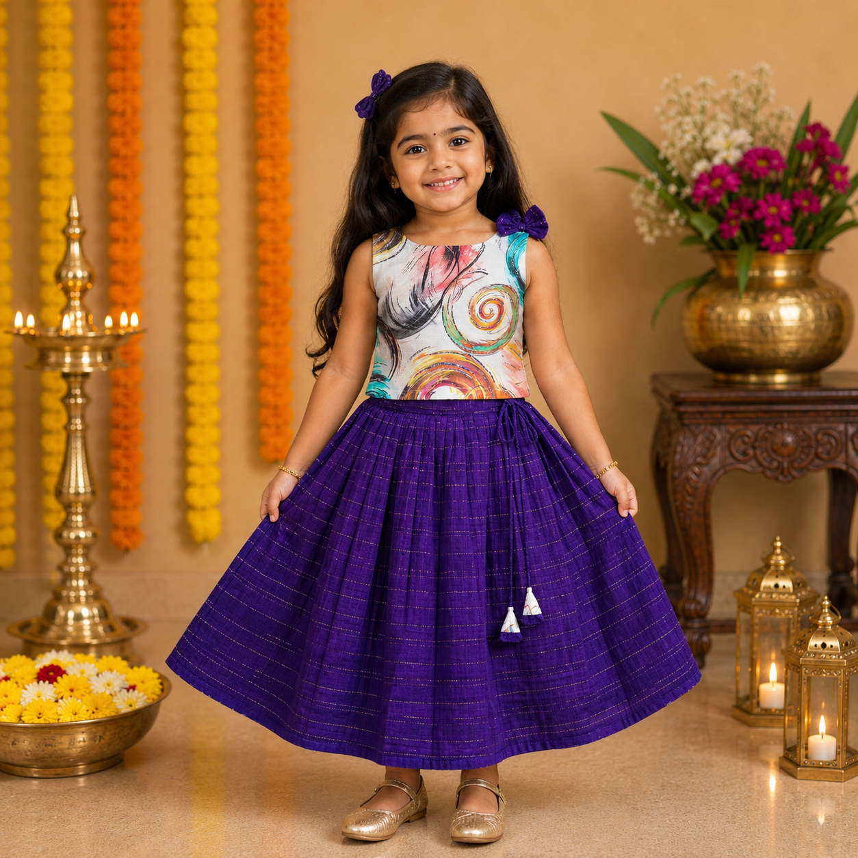 Girls abstract printed ethnic top and purple pleated skirt set by Boon Babies, featuring colorful pattern and stylish fabric.
