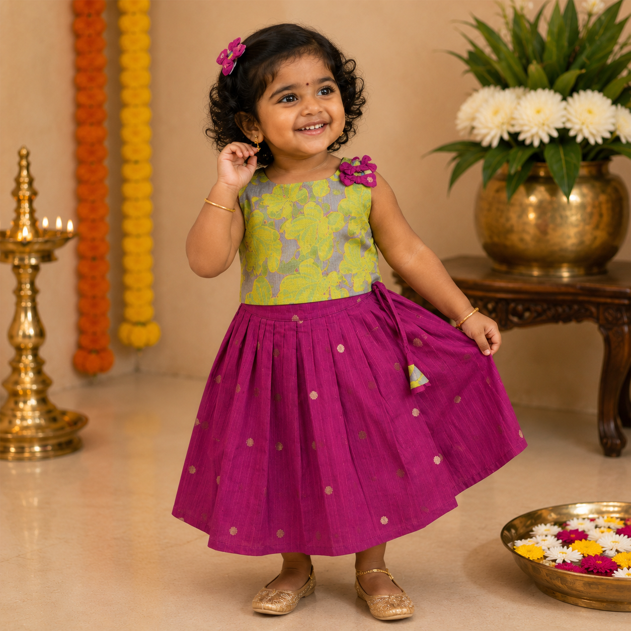 Girls leaf printed ethnic top and magenta pleated skirt set by Boon Babies, featuring colorful leaf pattern and stylish design.