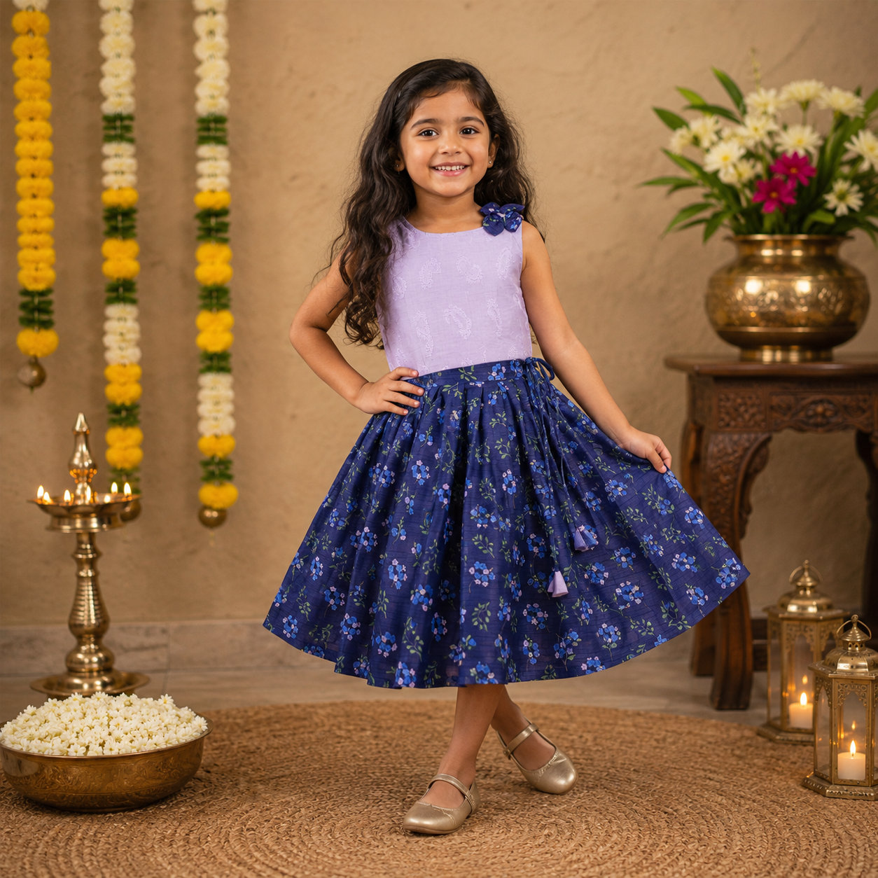 Girls lavender ethnic top and floral pleated skirt set by Boon Babies, featuring a stylish coordinated outfit for girls.