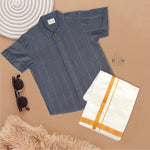 Boys ethnic silk shirt in navy with checked pattern paired with white and gold bordered dhoti, displayed flatlay style – festive wear from Boon Babies.
