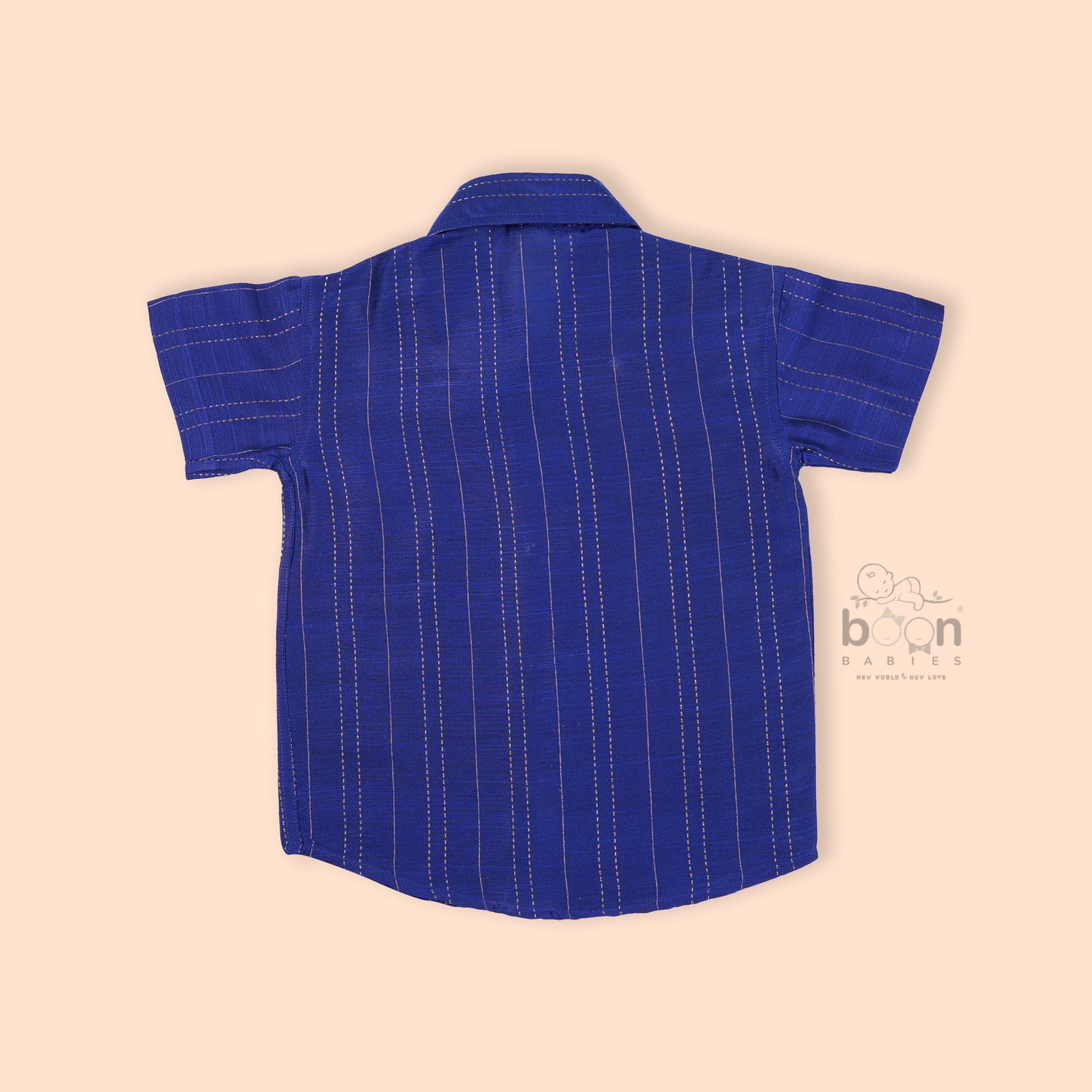 Royal blue silk ethnic shirt for boys aged 12 months to 5 years, with wooden buttons and gold pinstripe detail – festive wear from Boon Babies, Coimbatore.