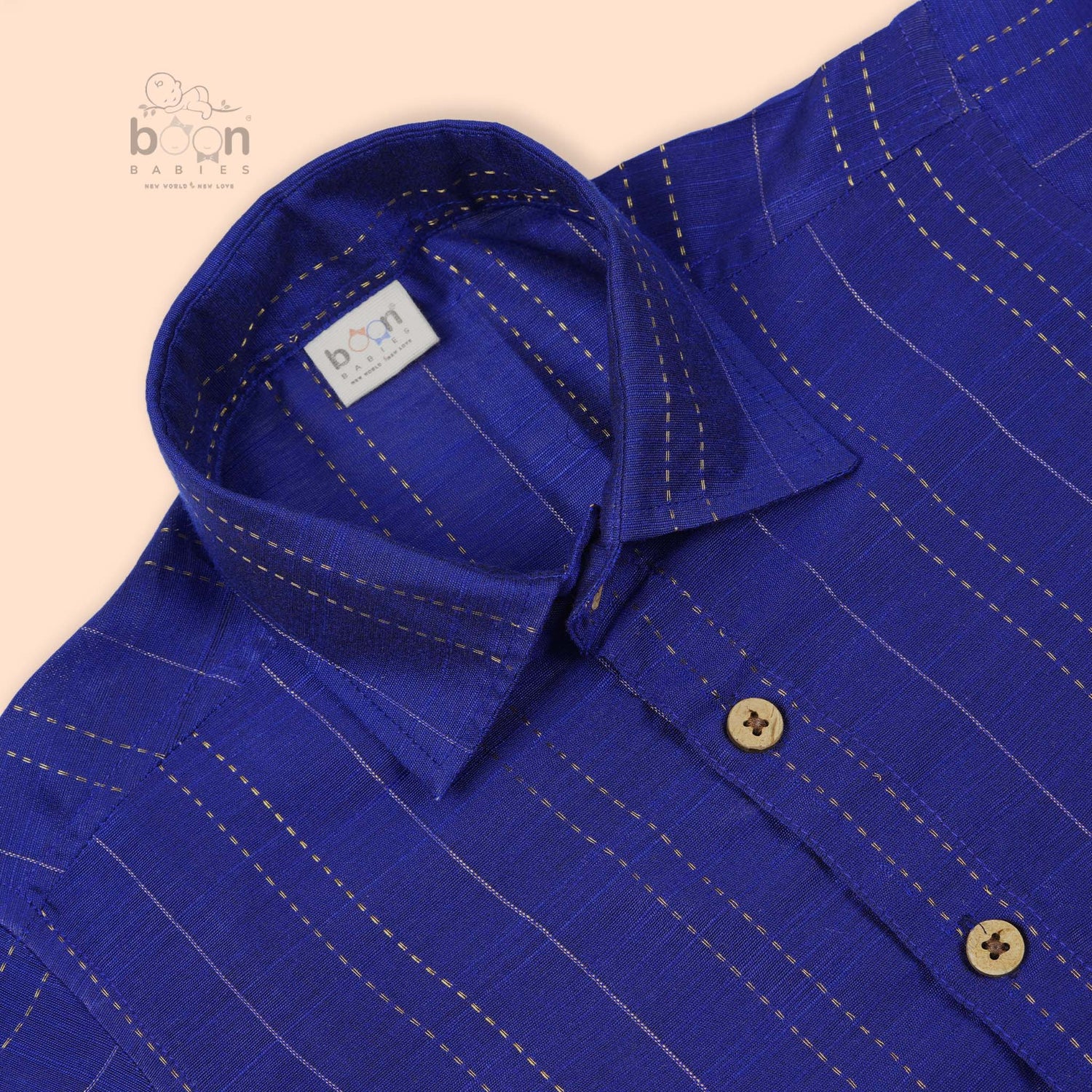 Royal blue silk ethnic shirt for boys aged 12 months to 5 years, with wooden buttons and gold pinstripe detail – festive wear from Boon Babies, Coimbatore.