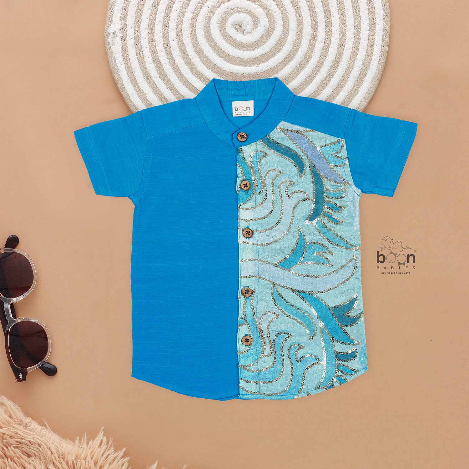 Sky Blue Silk Panel Shirt with Cream Pattu Dhoti – Elegant Traditional Outfit for Boys