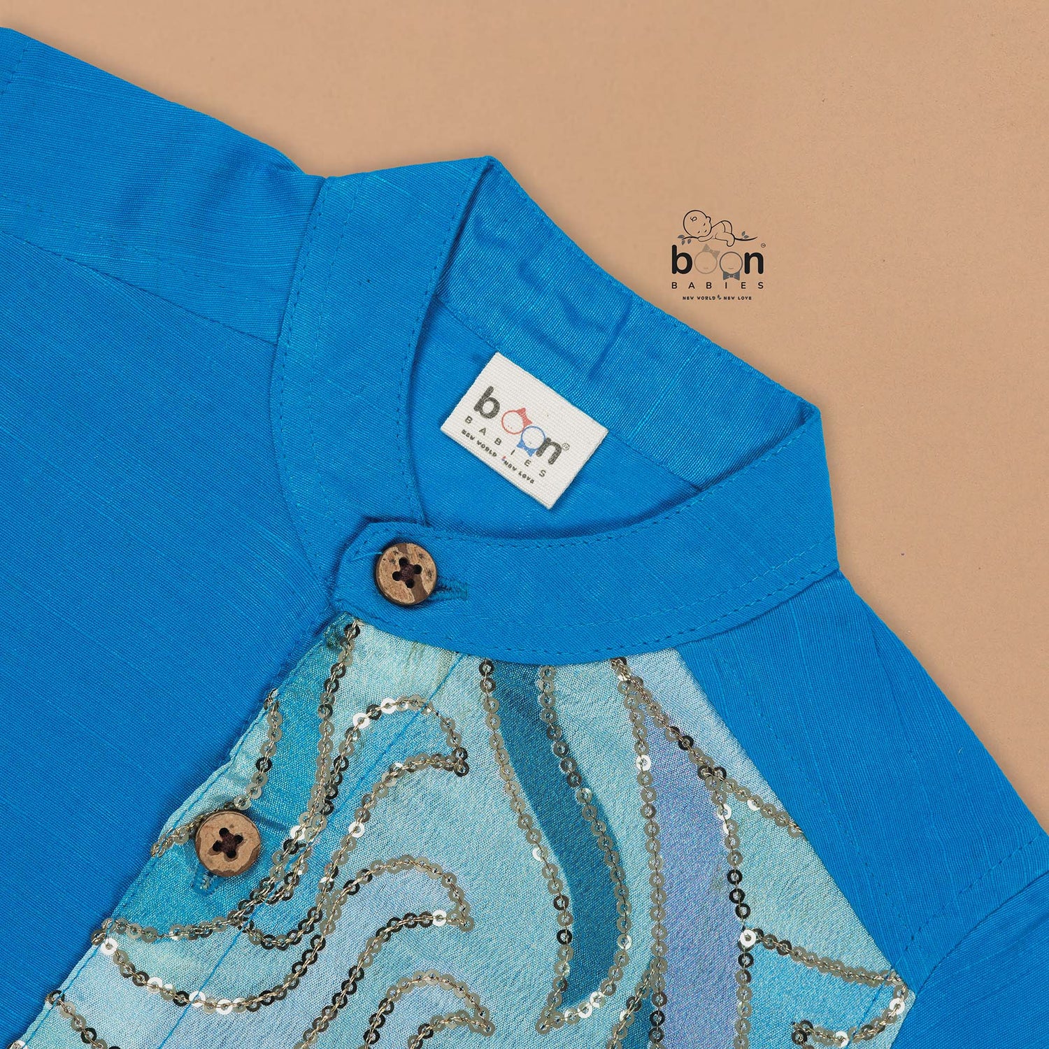 Sky Blue Silk Panel Shirt with Cream Pattu Dhoti – Elegant Traditional Outfit for Boys