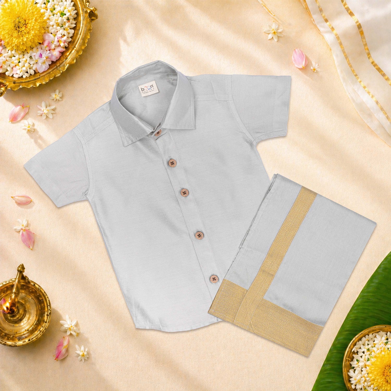 Onam Dhoti Set for Boys (6M–5Y) | Raw Silk Shirt & Dhoti Combo – Festive Ethnic Wear