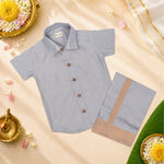 Baby boy Onam Dhoti set with raw silk shirt and traditional dhoti, festive ethnic wear for boys aged 6 months to 5 years.