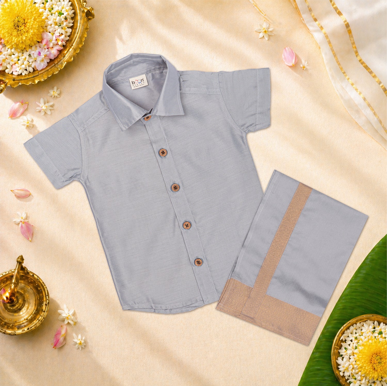 Onam Dhoti Set for Boys (6M–5Y) | Raw Silk Shirt & Dhoti Combo – Festive Ethnic Wear