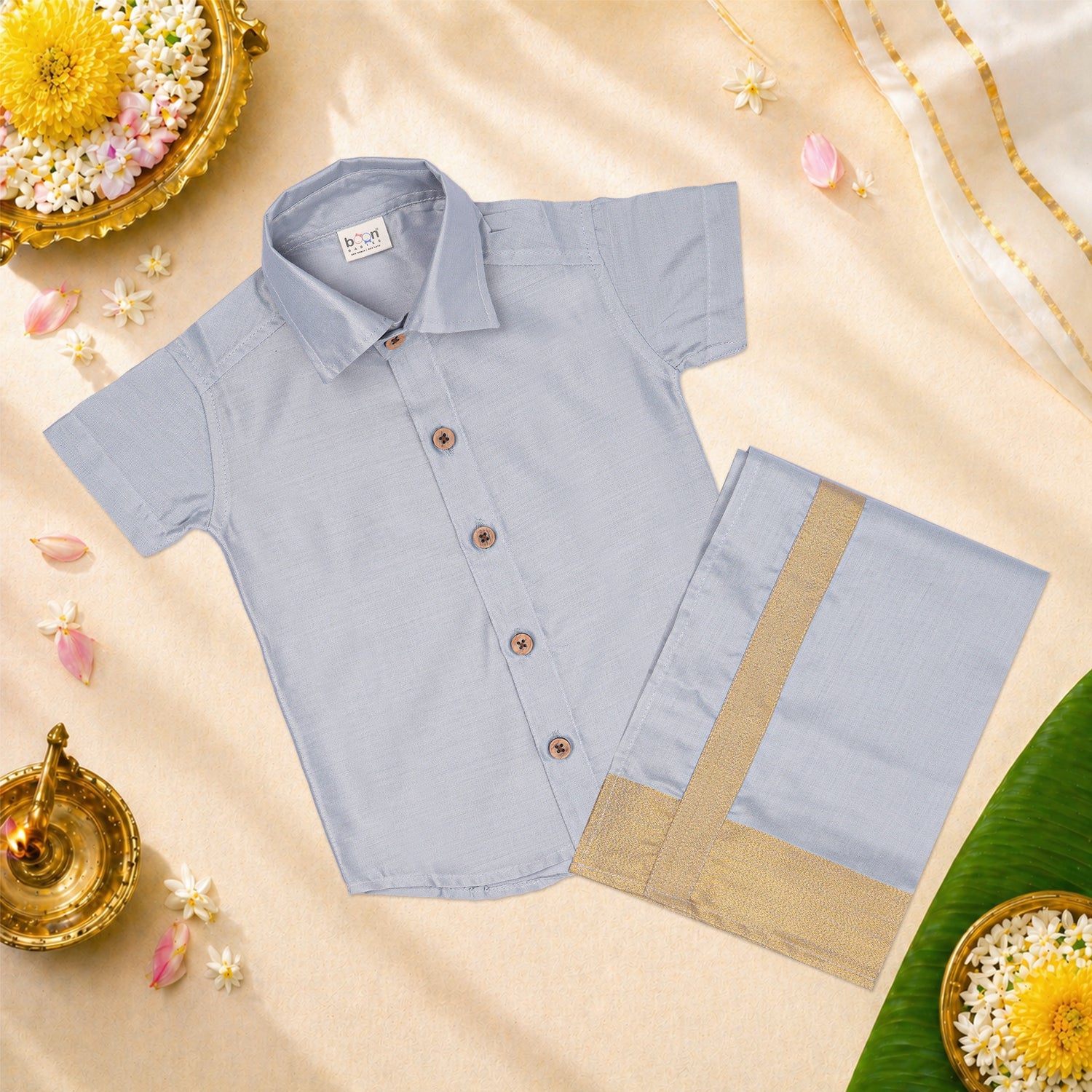 Onam Dhoti Set for Boys (6M–5Y) | Raw Silk Shirt & Dhoti Combo – Festive Ethnic Wear
