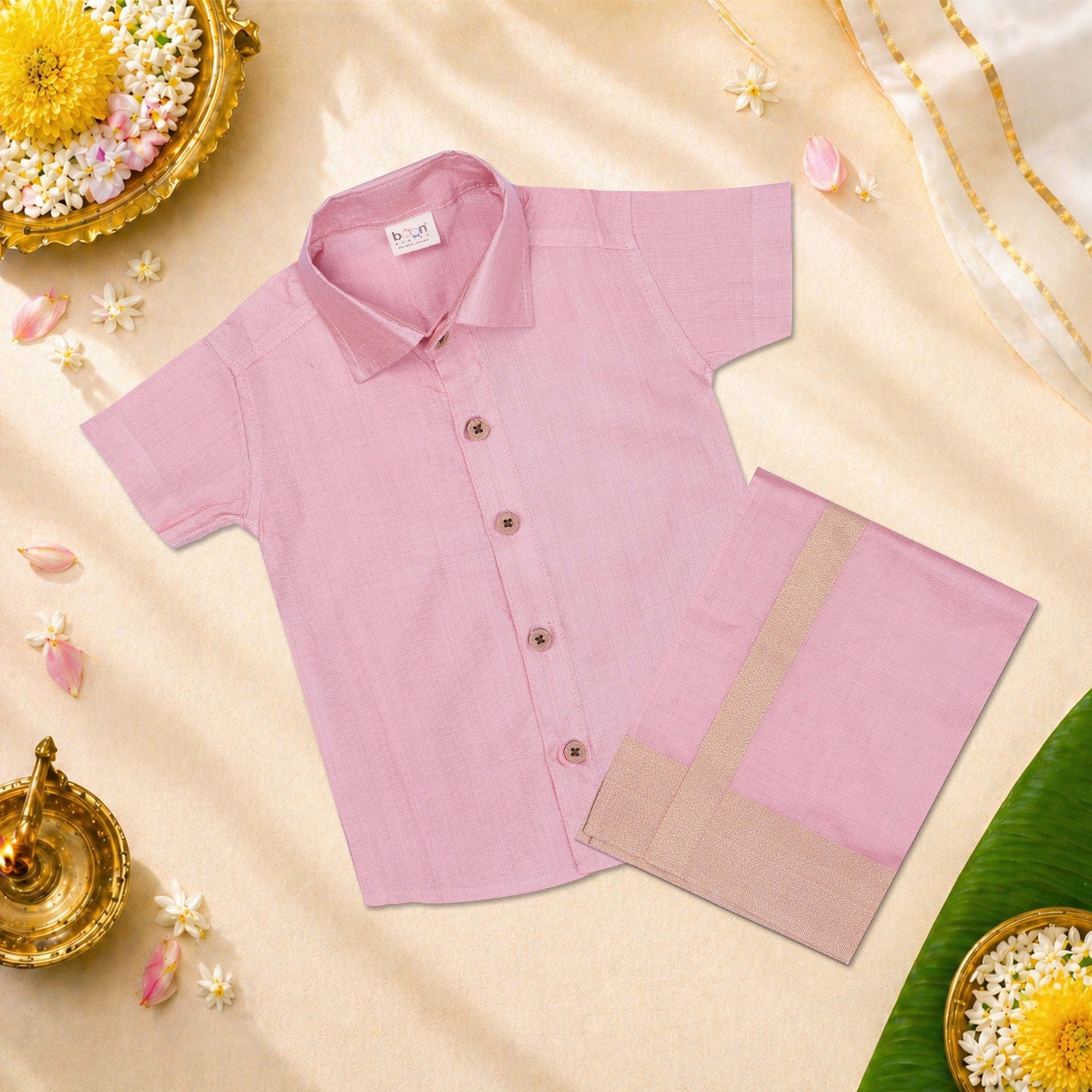 Onam Dhoti Set for Boys (6M–5Y) | Raw Silk Shirt & Dhoti Combo – Festive Ethnic Wear