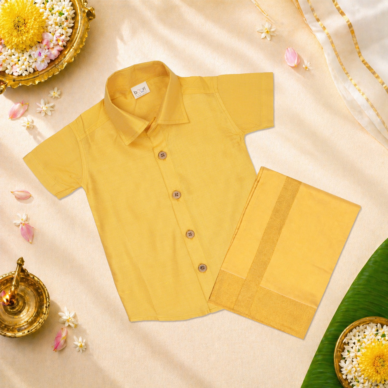 Baby boy Onam Dhoti set with raw silk shirt and dhoti, festive ethnic wear for boys aged 6 months to 5 years.