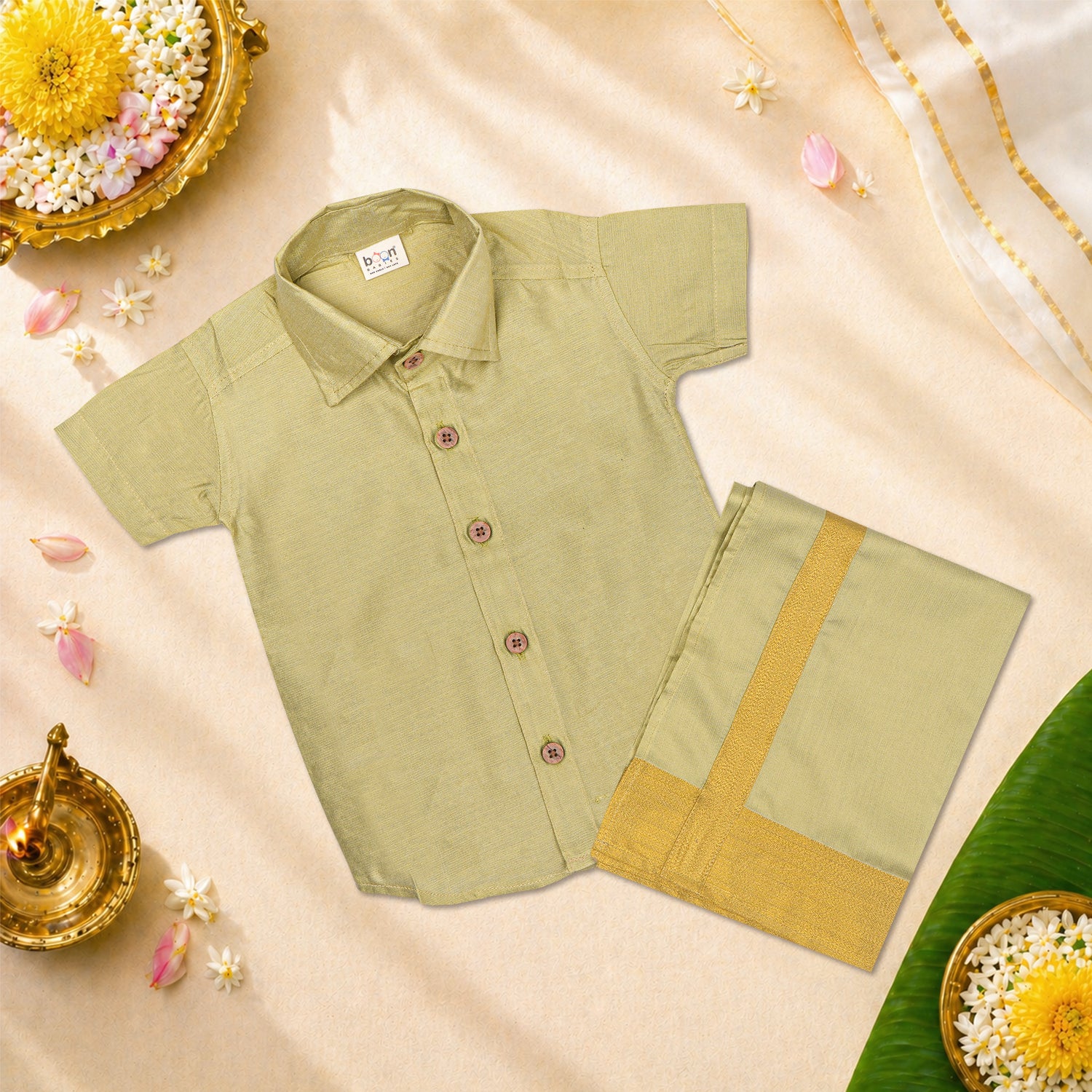 Onam Dhoti Set for Boys (6M–5Y) | Raw Silk Shirt & Dhoti Combo – Festive Ethnic Wear