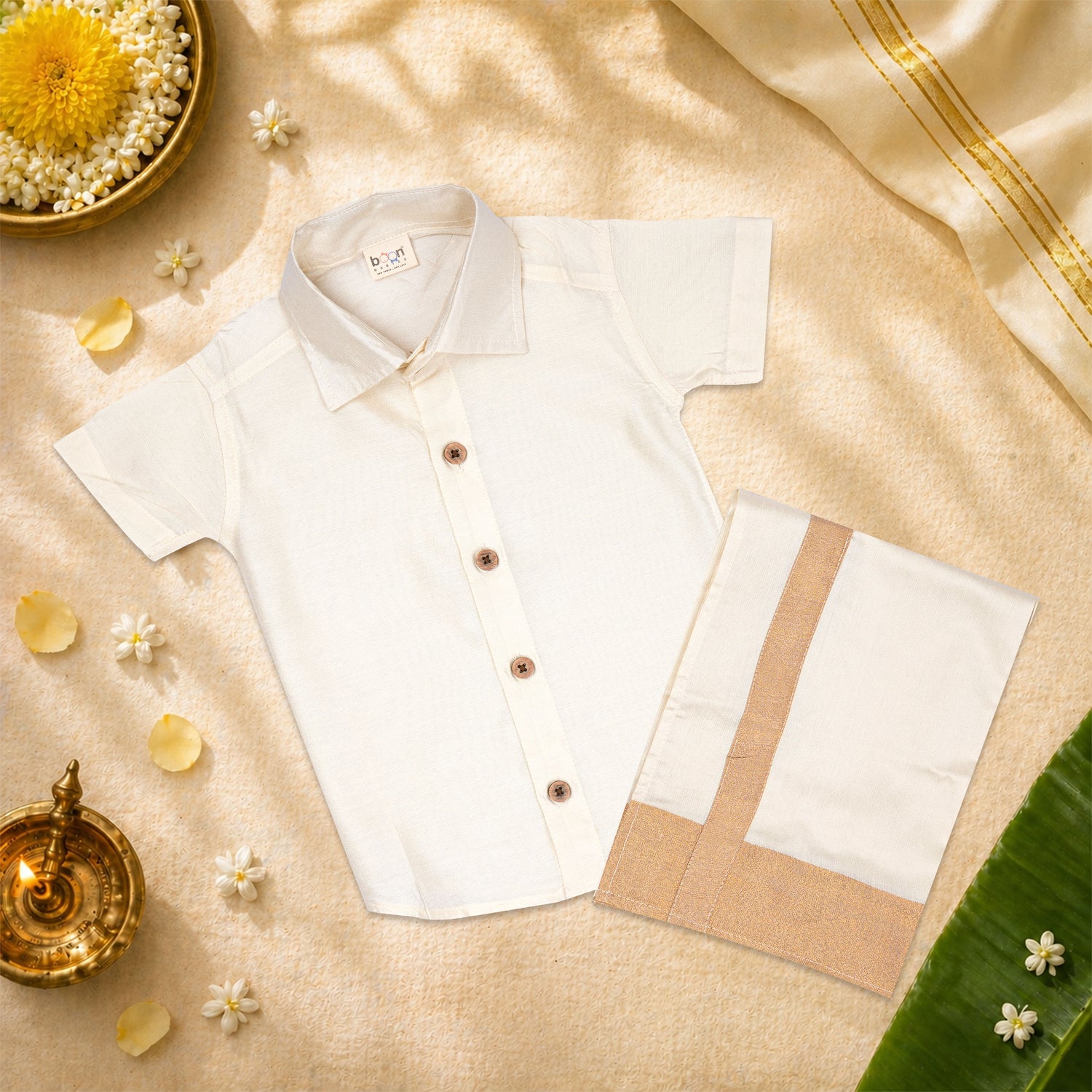 Baby boy Onam Dhoti set with raw silk shirt and traditional dhoti, festive ethnic wear for boys aged 6 months to 5 years.