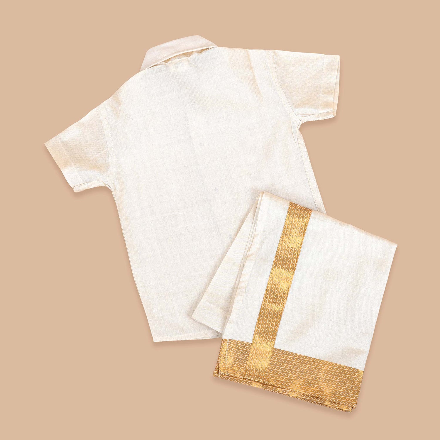 Classic Beige Silk Shirt and Golden Border Pattu Dhoti Set for Boys