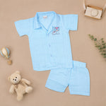 Boys wearing Boon Babies embroidered muslin casual shirt with printed shorts, straight collar, suitable for summer wear.