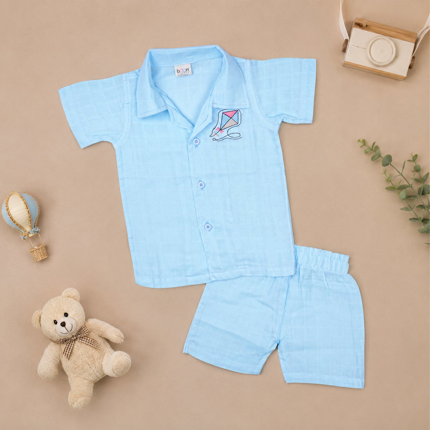 Boys wearing Boon Babies embroidered muslin casual shirt with printed shorts, straight collar, suitable for summer wear.