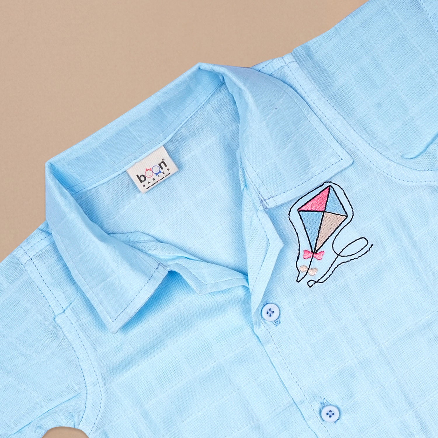 Boys wearing Boon Babies printed muslin casual shirt with open collar and matching shorts, perfect for summer wear