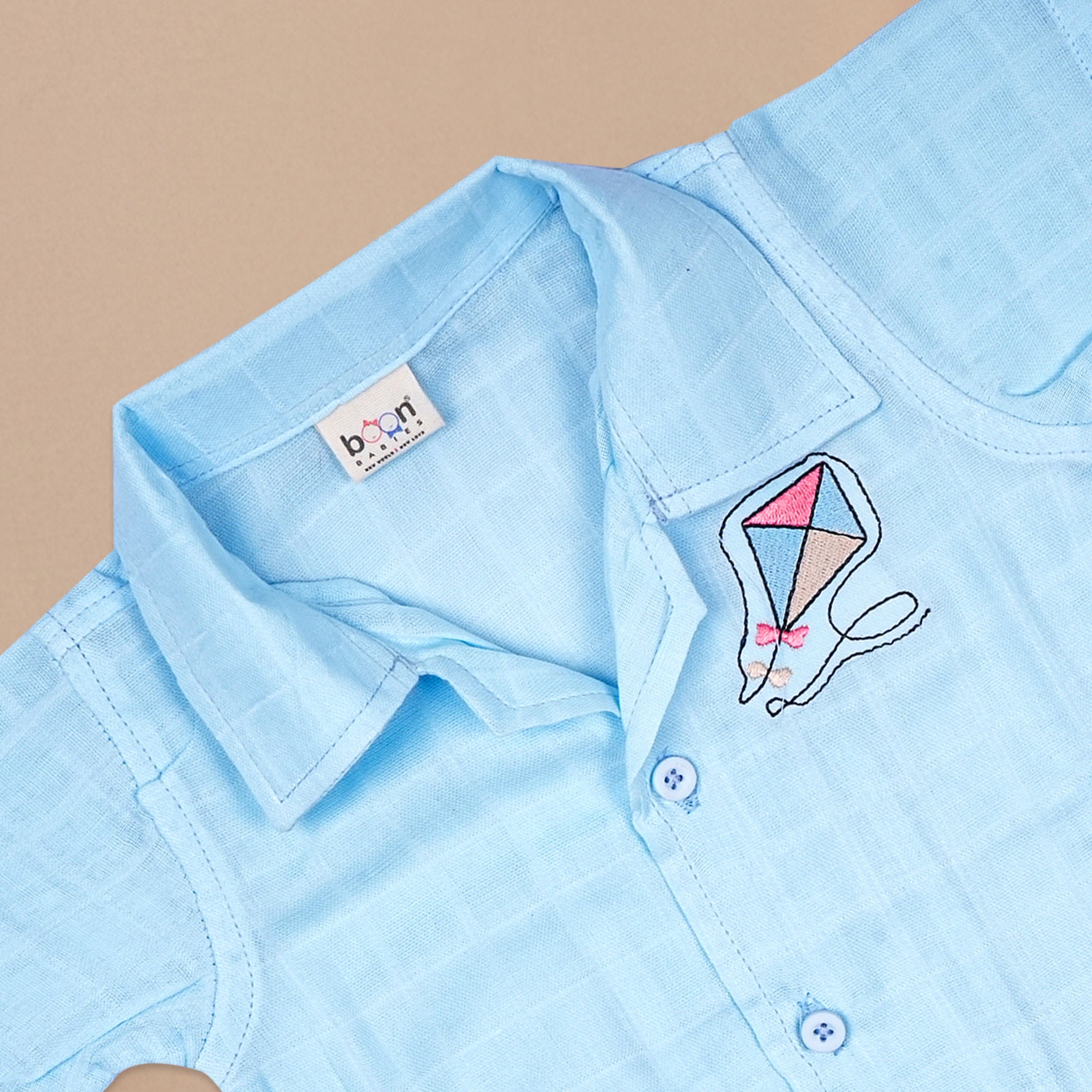 Boys wearing Boon Babies printed muslin casual shirt with open collar and matching shorts, perfect for summer wear