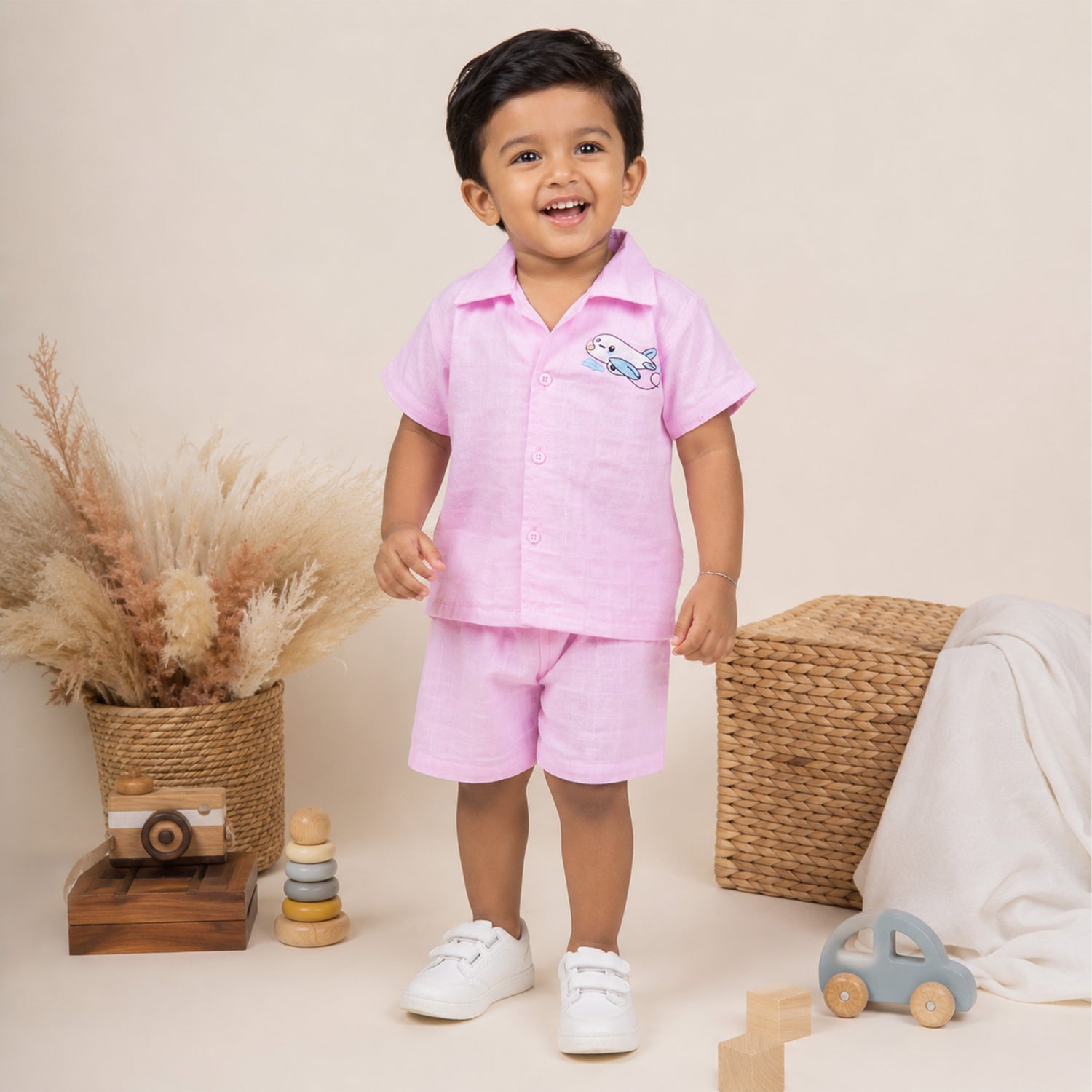 Boys Muslin Open Collar Embroidered Casual Shirt | Airplane
