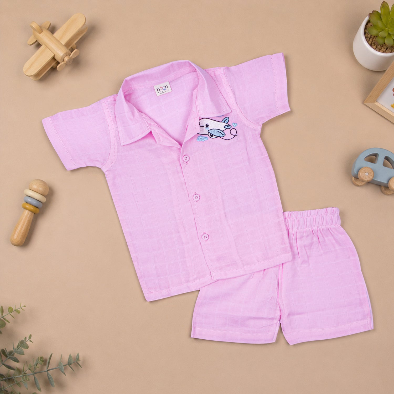 Boys Muslin Open Collar Embroidered Casual Shirt | Airplane